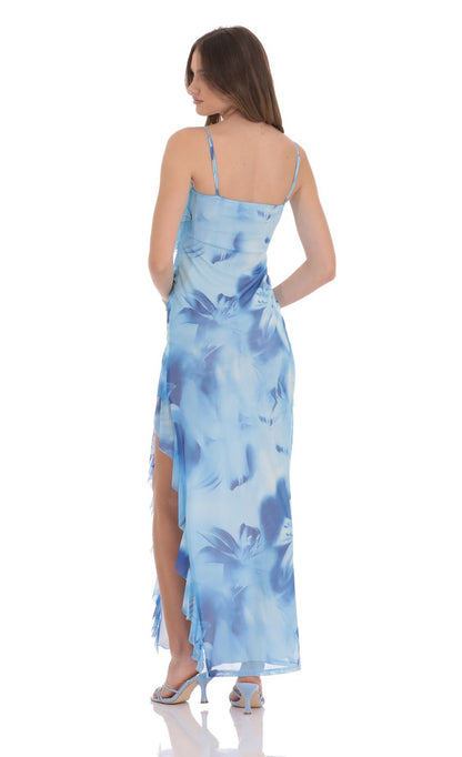 Lucy In The Sky Floral Ruffle Mesh Square Neck Maxi Dress in Blue