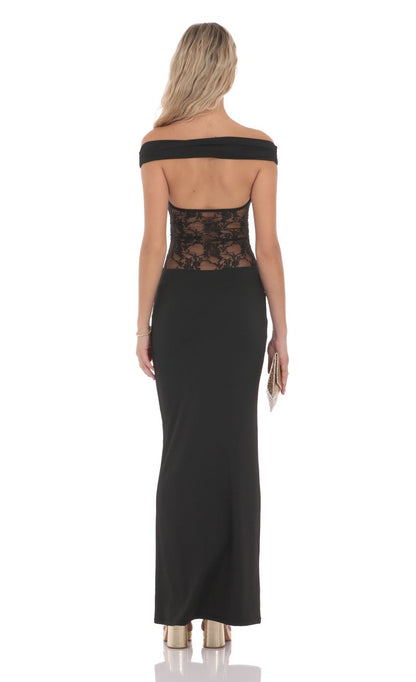 Lucy In The Sky Off Shoulder Lace Cutout Maxi Dress in Black