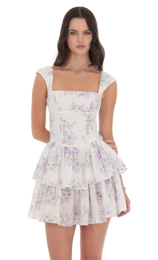 Lucy In The Sky Floral Ruffle Cap Sleeve Dress in White