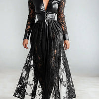 Ursime PU Leather Lace Splicing Deep V Neck Maxi Dress