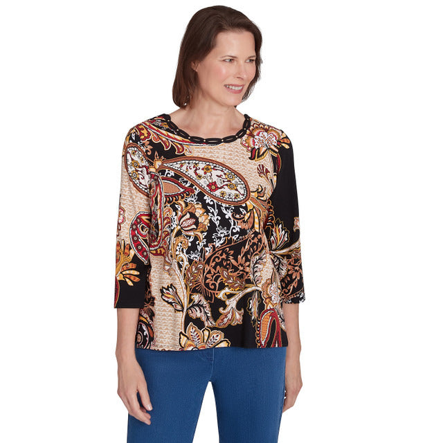 Alfred Dunner Women's Braided Neck Paisley Tee