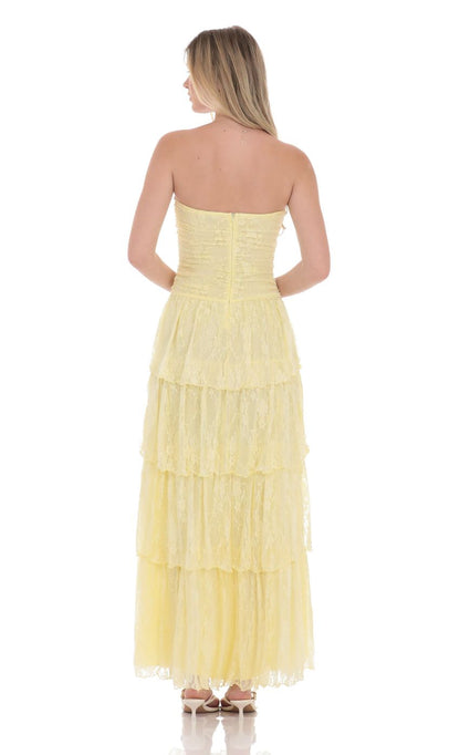 Lucy In The Sky Lace Ruched Ruffle Maxi Dress in Yellow
