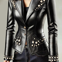 Ursime Lapel Collar Two Button Pearl Decor PU Leather Jacket