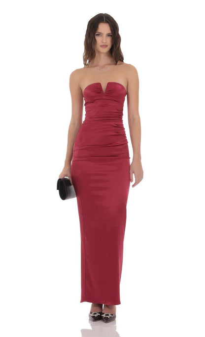 Lucy In The Sky Satin V-Strapless Maxi Dress in Maroon