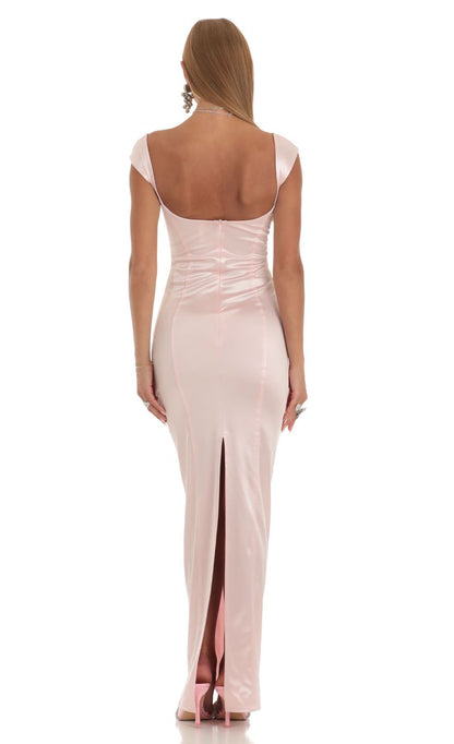 Lucy in the Sky Satin Maxi Dress in Pink