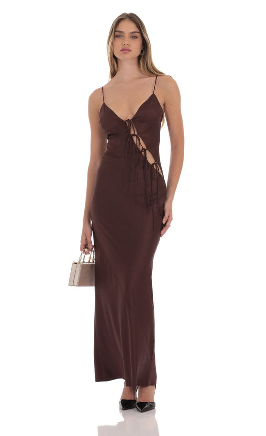 Lucy In The Sky Satin Cutout Ties Maxi Dress in Brown