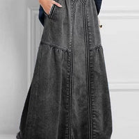 Ursime Casual Elastic Waist Pocket Raw Edge Denim Maxi Skirt