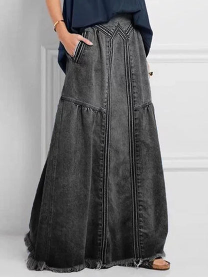 Ursime Casual Elastic Waist Pocket Raw Edge Denim Maxi Skirt