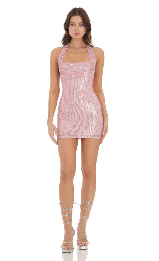 Lucy In The Sky Sequin Halter Dress in Pink