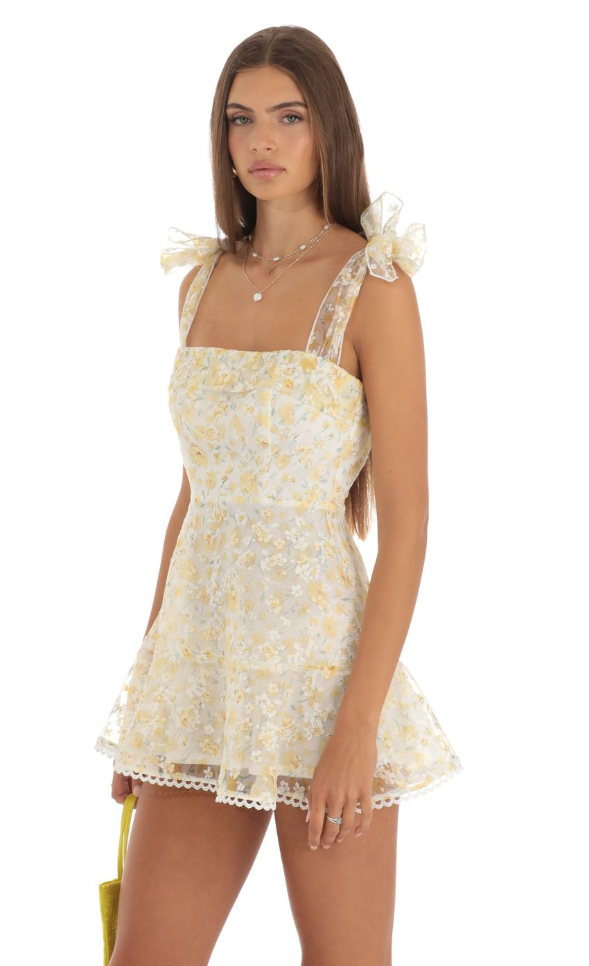 Lucy In The Sky Shimmer Yellow Floral Mini Dress in White