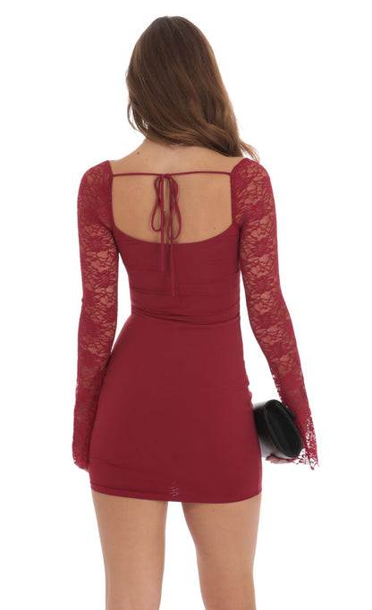 Lucy In The Sky Lace Long Sleeve Bodycon Dress in Maroon