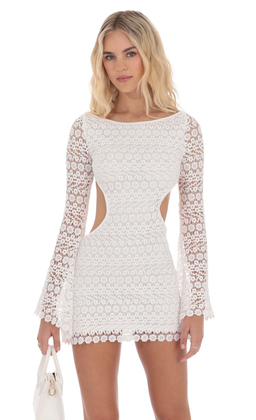 Lucy In The Sky Floral Crochet Long Sleeve Dress in White
