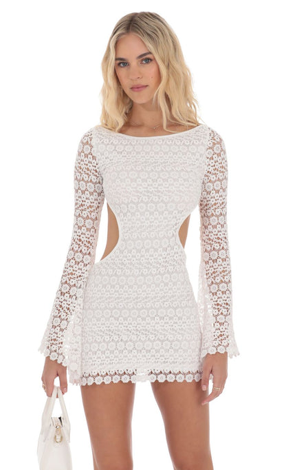 Lucy In The Sky Floral Crochet Long Sleeve Dress in White