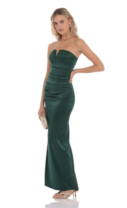 Lucy In The Sky Satin V-Strapless Maxi Dress in Green