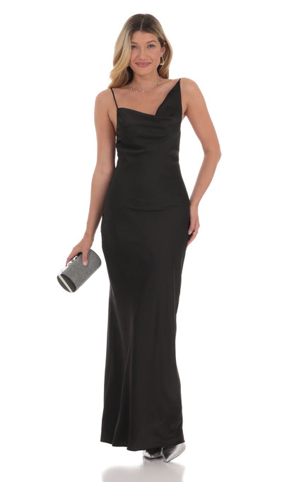Lucy In The Sky Satin Asymmetrical Cowl Neck Maxi Dress in Black