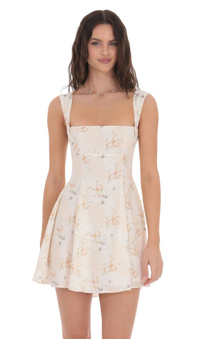 Lucy In The Sky Floral Fit and Flare Dress in Cream Swirl