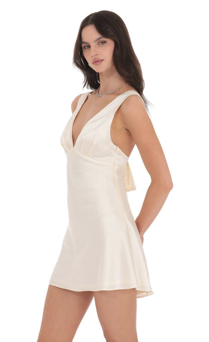 Lucy In The Sky Satin V-Neck Open back Dress in Cream
