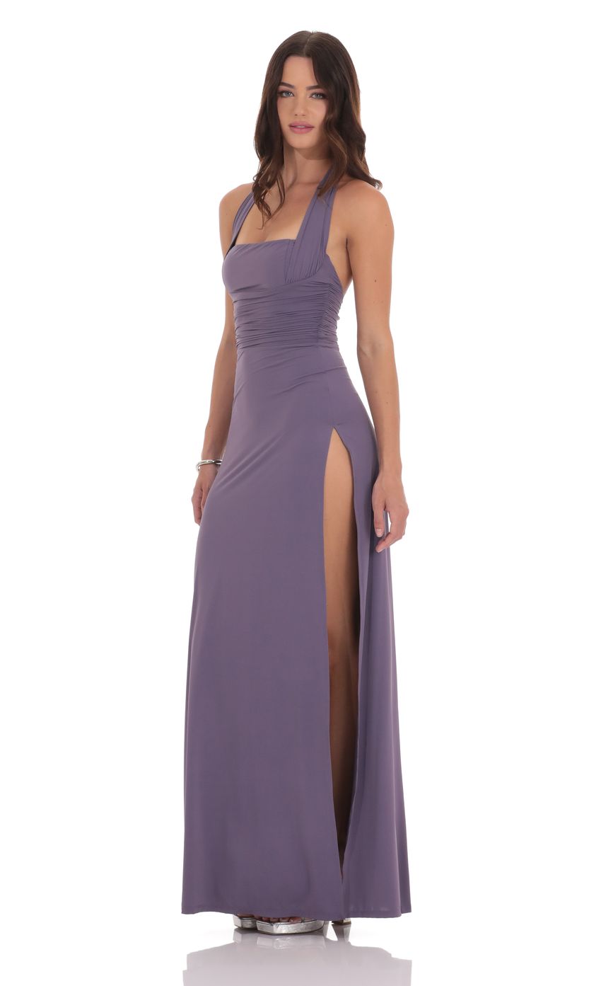 Lucy in the Sky Halter Ruched Maxi Dress in Purple Smoke