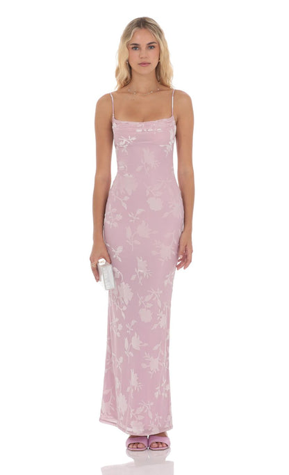 Lucy In The Sky Velvet Floral Cowl Neck Maxi Dress in Lilac