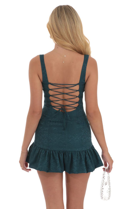 Lucy In The Sky Jacquard Bubble Ruffle Dress in Teal