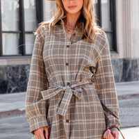 Cupshe Taupe Plaid Collared Long Sleeve Mini Shirt Dress