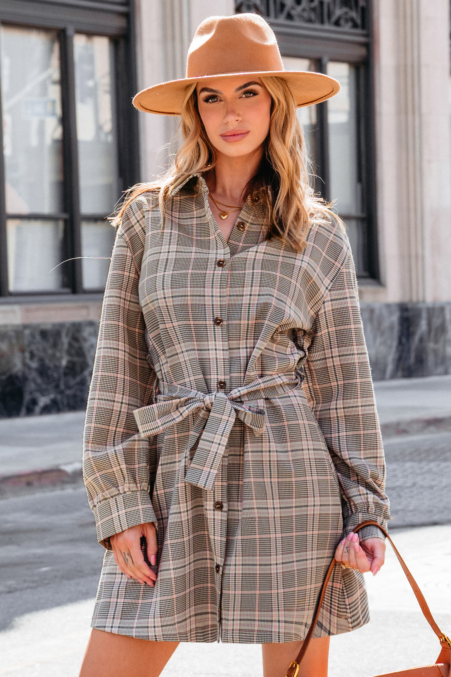 Cupshe Taupe Plaid Collared Long Sleeve Mini Shirt Dress