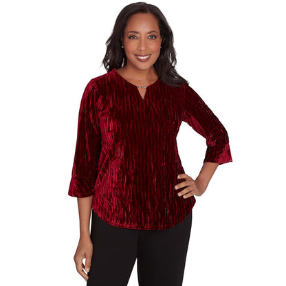 Alfred Dunner Women's Crushed Velvet Beaded Split Neck Top