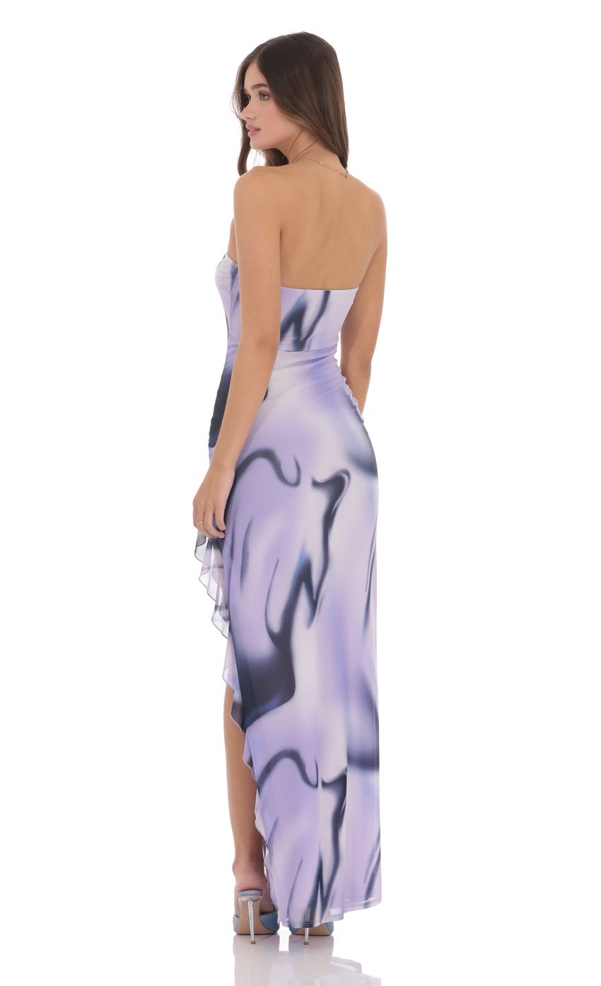 Lucy in the Sky Swirl Mesh Strapless Ruffle Slit Dress in Purple