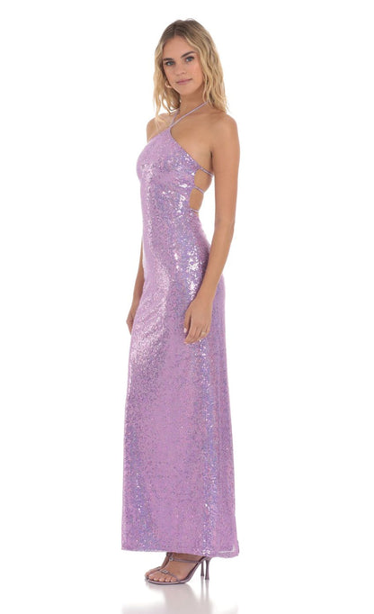 Lucy in the Sky Sequin Halter Maxi Dress in Lavender