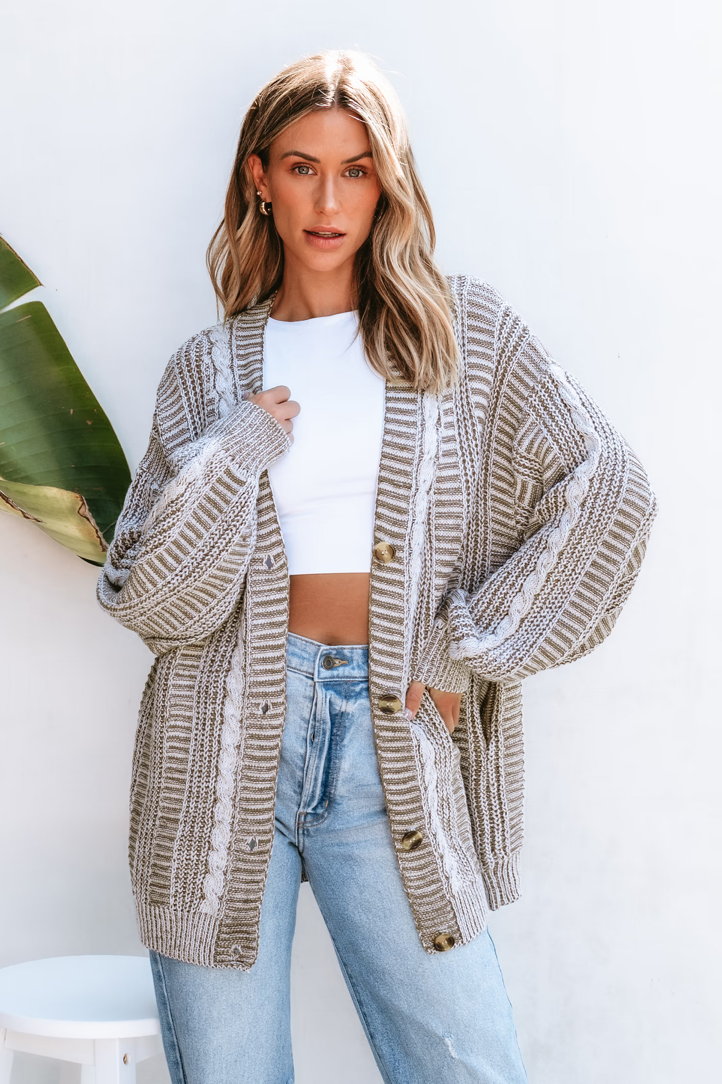 Cupshe Brown Cable Knit Long Sleeve Longline Cardigan