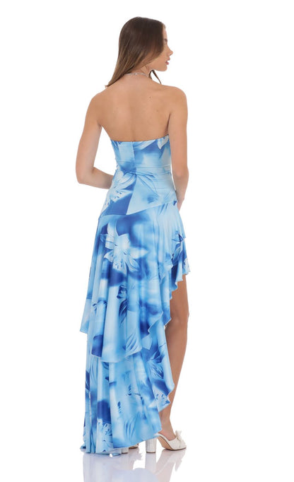 Lucy in the Sky Floral Strapless Ruffle Asymmetrical Maxi Dress in Blue