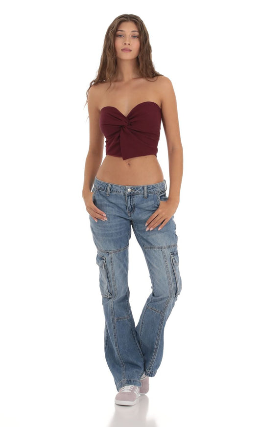 Lucy in the Sky Strapless Twist Top in Burgundy