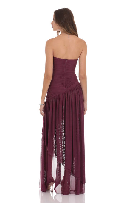Lucy In The Sky Mesh Asymmetrical High Low Maxi Dress in Plum
