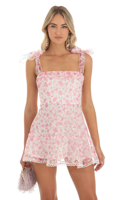 Lucy In The Sky Shimmer Pink Floral Mini Dress in White