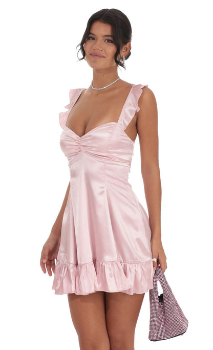 Lucy In The Sky Satin Ruffle Fit and Flare Dress in Pink