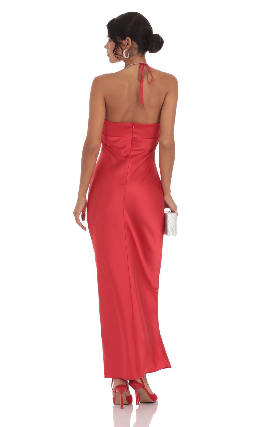 Lucy In The Sky Satin Halter Flower Maxi Dress in Red