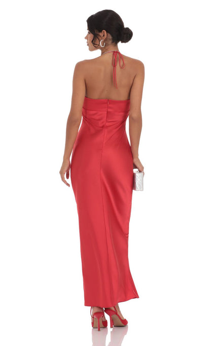 Lucy In The Sky Satin Halter Flower Maxi Dress in Red