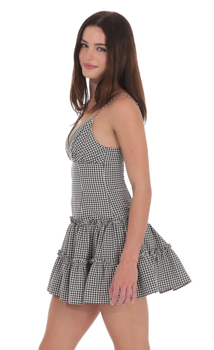 Lucy In The Sky Gingham V-Neck Dress in Black and White