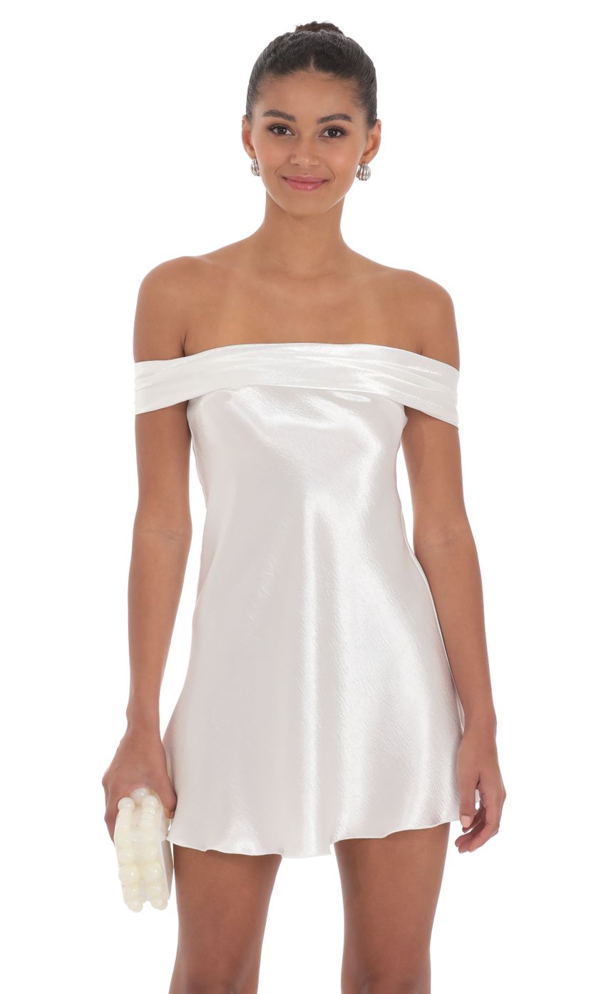 Lucy In The Sky Satin Off Shoulder Dress in White
