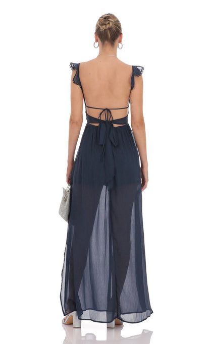 Lucy In The Sky Shimmer Chiffon Maxi Dress in Navy