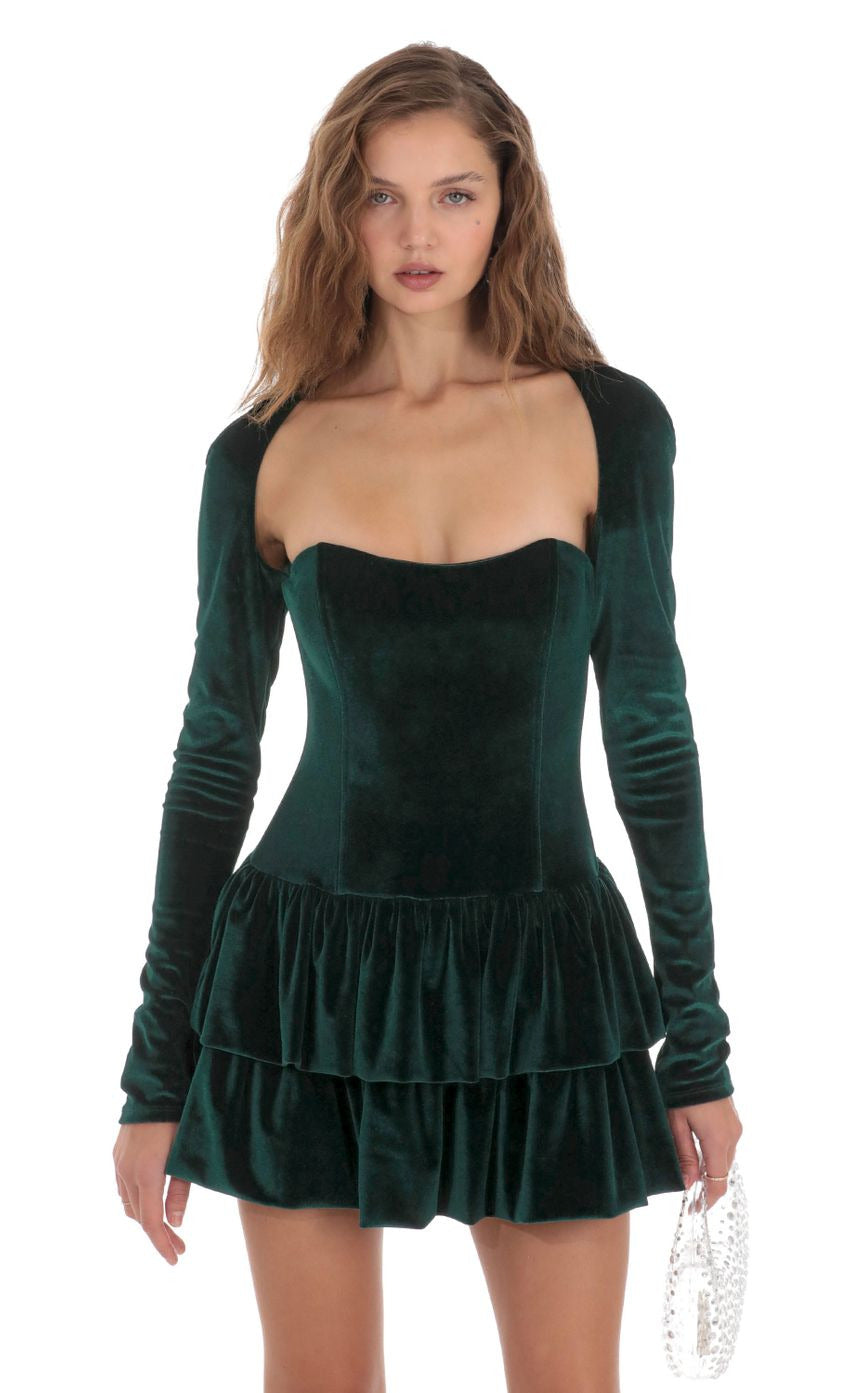 Lucy in the Sky Velvet Corset Long Sleeve Dress in Green