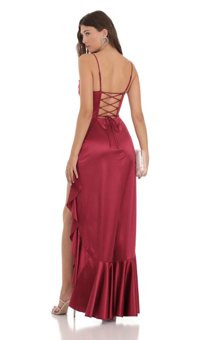 Lucy In The Sky Satin Ruffle Maxi Dress in Maroon