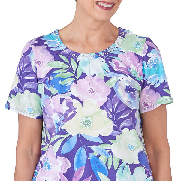 Alfred Dunner Women's Pleated Neck Floral Short Sleeve Tee