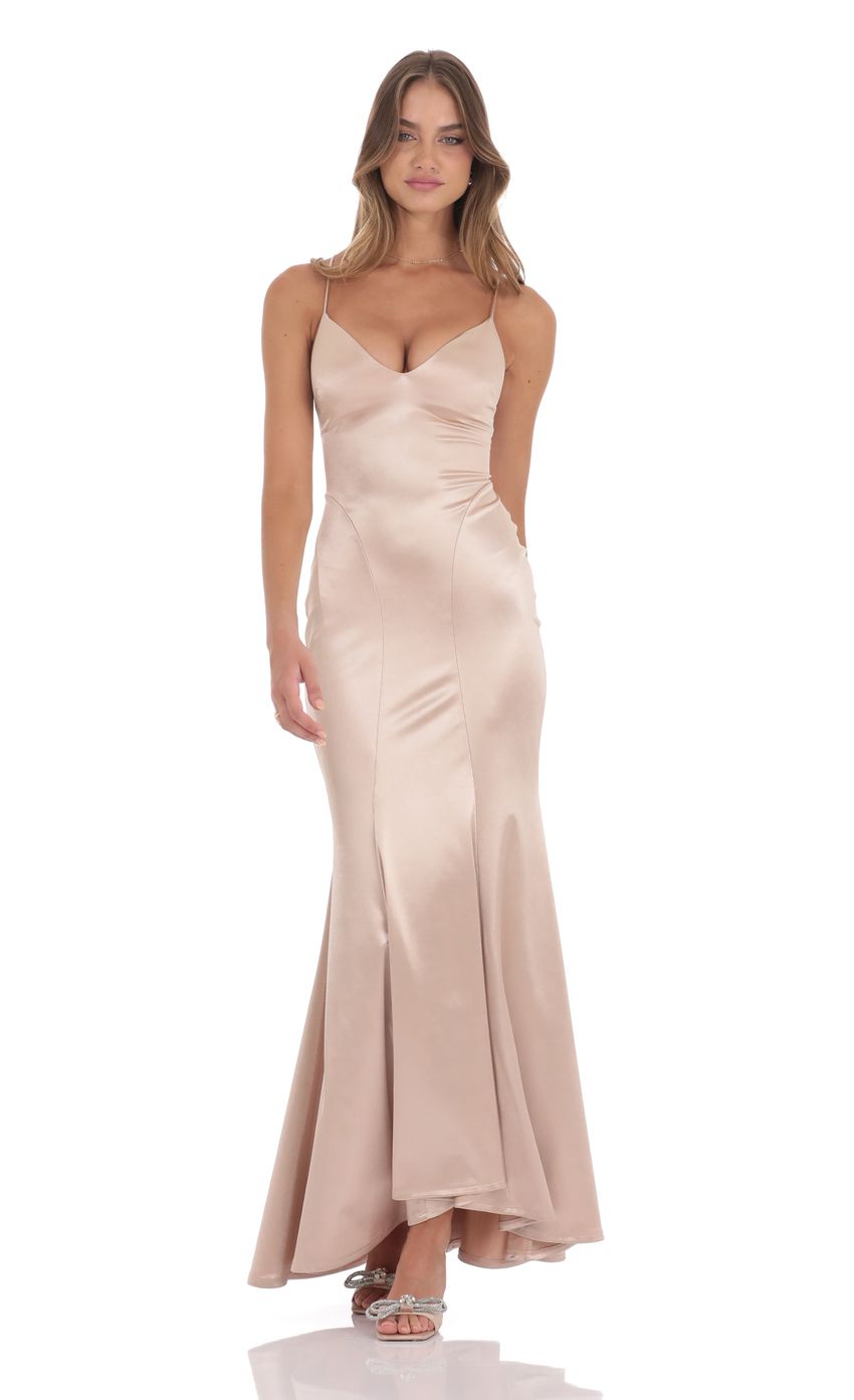 Lucy In The Sky Satin Open Back Mermaid Maxi Dress in Champagne