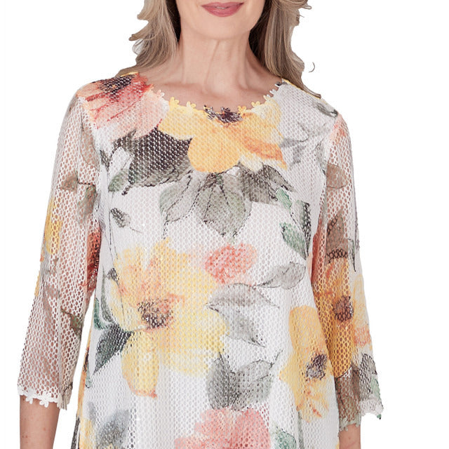 Alfred Dunner Women's Watercolor Floral Mesh Top