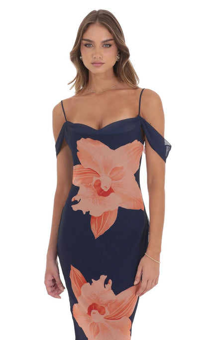 Lucy In The Sky Orange Floral Off Shoulder Maxi Dress in Navy