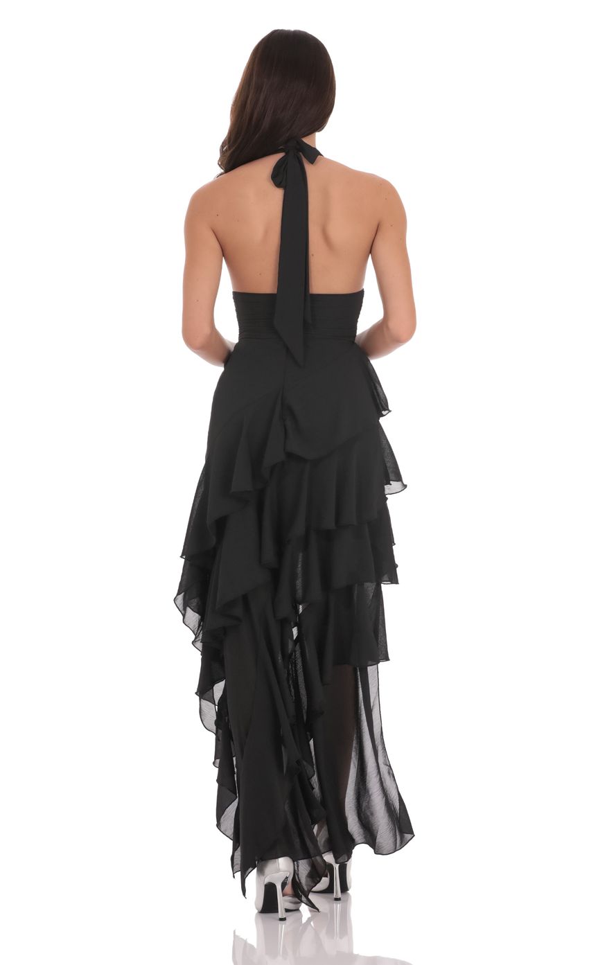 Lucy In The Sky Asymmetrical Ruffle Maxi Dress in Black