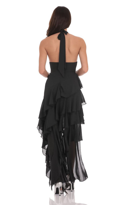 Lucy In The Sky Asymmetrical Ruffle Maxi Dress in Black