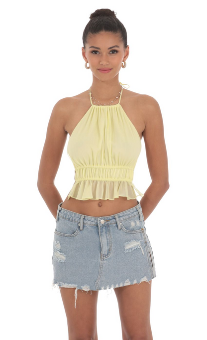 Lucy in the Sky Shimmer Halter Open Back Top in Yellow