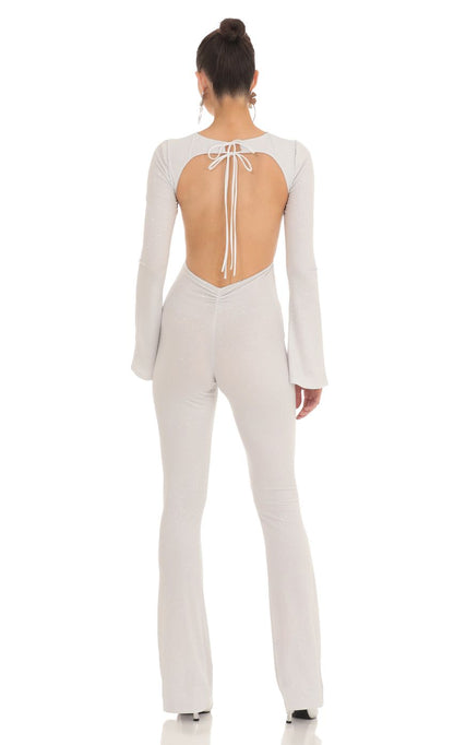 Lucy In The Sky Silver Shimmer Open Back Jumpsuit in White